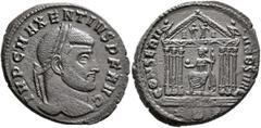 Roman Imperial Maxentius, 307-312. Follis (Bronze, 27 mm, 7.01 g, 12 h), Rome, 308/9-310. IMP C MAXENTIVS P F AVG Laureate head of Maxentius to right. Rev. CONSERV VRB SVAE / RBP Roma seated facing wi