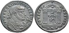 Roman Imperial Maxentius, 307-312. Follis (Bronze, 25 mm, 6.66 g, 6 h), Aquileia, 309. IMP MAXENTIVS P F AVG CONS II Laureate bust of Maxentius to right in consular robes, holding eagle-tipped scepter