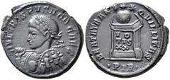 Roman Imperial Crispus, Caesar, 316-326. Follis (Bronze, 19 mm, 3.28 g, 11 h), Treveri, 322-323. IVL CRISPVS NOB CAES Laureate and cuirassed bust of Crispus to left, holding spear over his right shoul