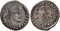 Roman Imperial Valentinian I, 364-375. Follis (Bronze, 18 mm, 2.55 g, 6 h), Siscia, 367-375. D N VALENTINI-ANVS P F AVG Pearl-diademed, draped and cuirassed bust of Valentinianus I to right. Rev. SECV