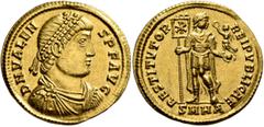 Roman Imperial Valens, 364-378. Solidus (Gold, 21 mm, 4.47 g, 6 h), Heraclea, 364. D N VALENS P F AVG Pearl-diademed, draped and cuirassed bust of Valens to right. Rev. RESTITVTOR REI PVBLICAE / SMHA 