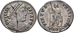 Roman Imperial Valens, 364-378. Light Miliarense (Silver, 24 mm, 4.14 g, 6 h), Treveri, 367-375. D N VALEN-S P F AVG Pearl-diademed, draped and cuirassed bust of Valens to right. Rev. VIRTVS EXERCITVS