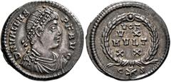 Roman Imperial Valens, 364-378. Siliqua (Silver, 18 mm, 2.13 g, 1 h), Constantinopolis, 367-375. D N VALENS P F AVG Pearl-diademed, draped and cuirassed bust of Valens to right. Rev. VOT / VX / MVLT /