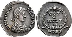 Roman Imperial Honorius, 393-423. Siliqua (Silver, 17 mm, 1.28 g, 12 h), Mediolanum, 395-402. D N HONORI-VS P F AVG Pearl-diademed, draped and cuirassed bust of Honorius to right. Rev. VOT / V / MVLT 