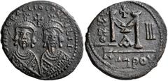 Byzantine Revolt of the Heraclii, 608-610. Follis (Bronze, 30 mm, 10.85 g, 6 h), Cyprus, RY 3 = AD 610. δm N ЄRACLIO CONSULII Bust of Heraclius, wearing short beard, crown with pendilia and consular r