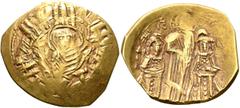 Byzantine Andronicus II Palaeologus, with Michael IX, 1282-1328. Hyperpyron (Electrum, 24 mm, 4.03 g, 6 h), Constantinopolis. Bust of Virgin Mary, orans, within city walls furnished with six groups of