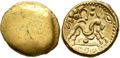 Celtic NORTHEAST GAUL. Ambiani. Circa 60-30 BC. Stater (Gold, 18 mm, 6.21 g), 'statère uniface' type. Irregular blank convex surface. Rev. Celticized horse galloping to right, horseman transformed int