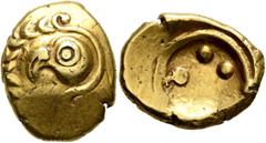 Celtic CENTRAL EUROPE. Vindelici. 2nd-1st century BC. Stater (Gold, 19 mm, 7.55 g), 'Regenbogenschüsselchen, Blattkranz mit Vogelkopf' type. Head of a bird to left within a wreath on the left and a to