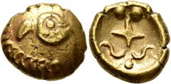 Celtic CENTRAL EUROPE. Vindelici. 2nd-1st century BC. Stater (Gold, 17 mm, 7.45 g, 6 h), 'Regenbogenschüsselchen, Blattkranz mit Vogelkopf/Kreuz mit Voluten' type. Head of a bird to left within wreath