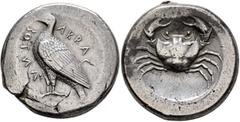 Greek SICILY. Akragas. Circa 470/465-440s. Tetradrachm (Silver, 27 mm, 17.39 g, 4 h). AKRAC- ΣOTИA Eagle standing left with closed wings. Rev. Crab within shallow circular incuse. Antike Kunst (1967),