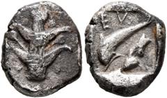 Greek KYRENAICA. Euhesperides. Circa 480-435 BC. Drachm (Silver, 15 mm, 3.20 g, 6 h), Asiatic standard. Silphion plant with leaves and fruits; pellet to lower left and right. Rev. EY Dolphin jumping d