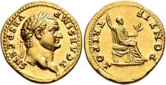 Roman Imperial Titus, as Caesar, 69-79. Aureus (Gold, 21 mm, 7.22 g, 12 h), Rome, struck under Vespasian, 73. T CAES IMP VESP CENS Laureate head of Titus to right. Rev. PONTIF TRI POT Titus seated rig