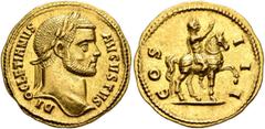 Roman Imperial Diocletian, 284-305. Aureus (Gold, 19 mm, 5.22 g, 7 h), Cyzicus, 287. DIOCLETIANVS AVGVSTVS Laureate head of Diocletian to right. Rev. COS III Diocletian, laureate and in military attir