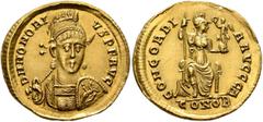 Roman Imperial Honorius, 393-423. Solidus (Gold, 21 mm, 4.39 g, 6 h), Constantinopolis, 402-403. D N HONORI-VS P F AVG Pearl-diademed, helmeted and cuirassed bust of Honorius facing, his head turned s
