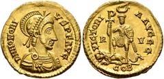 Roman Imperial Honorius, 393-423. Solidus (Gold, 21 mm, 4.52 g, 12 h), Ravenna, 415. D N HONORI-VS P F AVG Pearl-diademed, draped and cuirassed bust of Honorius to right, wearing crested helmet decora
