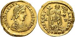 Roman Imperial Valentinian III, 425-455. Solidus (Gold, 21 mm, 4.42 g, 12 h), Ravenna, circa 430-445. D N PLA VALENTI-NIANVS P F AVG Pearl-and-rosette-diademed, draped and cuirassed bust of Valentinia