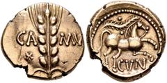 Celtic BRITAIN. Trinovantes & Catuvellauni. Cunobelin, circa 10-43. Stater (Gold, 18 mm, 5.52 g, 9 h), Camulodunum (Colchester). CA-MV Grain ear; in field to lower left, small X. Rev. CVN Horse leapin
