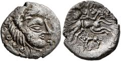 Celtic NORTHWEST GAUL. Veneti. Circa 60-50 BC. 1/4 Stater (Billon, 14 mm, 1.31 g, 3 h). Celticized head to right, with hair combed straight and curling at the ends. Rev. Devolved charioteer riding a c