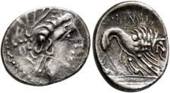 Celtic SOUTHERN GAUL. Insubres. 2nd century BC. Drachm (Silver, 17 mm, 2.24 g, 5 h), imitating Massalia. Head of nymph to right, wearing triple-pendant earring. Rev. Lion right; above, devolved legend