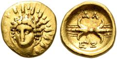 Greek CALABRIA. Tarentum. Alexander the Molossian. King of Epeiros, circa 350-331/0 BC. Hemilitron or Twelfth Stater (Gold, 8 mm, 0.68 g, 6 h), circa 333-331/0. Radiate head of Helios facing slightly 