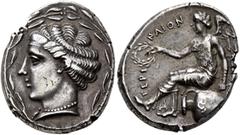 Greek BRUTTIUM. Terina. Circa 440-425 BC. Didrachm or Nomos (Silver, 23 mm, 7.89 g, 11 h). Head of the nymph Terina to left, wearing ampyx and pearl necklace with pendant; all within laurel wreath. Re