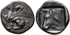 Greek THRACE. Abdera. Circa 411/0-386/5 BC. Triobol (Silver, 12 mm, 1.72 g, 3 h). Griffin seated left, raising its left forepaw; before, barley-corn. Rev. [A]-B-Δ Head of a bull to left; all within in