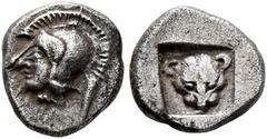 Greek LESBOS. Methymna. Circa 500/480-460 BC. Obol (Silver, 8 mm, 0.56 g, 9 h). Head of Athena to left, wearing crested Attic helmet. Rev. Facing head of a lion or a panthe within incuse square. Frank