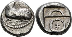 Greek CYPRUS. Salamis. Euelthon (?), circa 530/15-480. Stater (Silver, 21 mm, 11.11 g). 𐠁𐠄𐠳-𐠐𐠰𐠚 ('[E-u-fe-le-tho-ne]' in Cypriot syllabic script) (?) Ram recumbent left. Rev. Ankh-like symbol wi