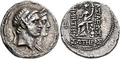 Greek SELEUKID KINGS. Demetrios I Soter, with Laodike IV, 162-150 BC. Tetradrachm (Silver, 28 mm, 15.73 g, 4 h), Seleukeia on the Tigris, 161-150. Jugate busts of Demetrios I, diademed, and Laodike, d
