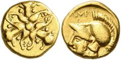 Greek KYRENAICA. Kyrene. Circa 331-322 BC. Triobol or Hemidrachm (Gold, 10 mm, 2.09 g), Jason, magistrate. Three silphium plants arranged around central dot. Rev. KYP Head of Athena to left, wearing c