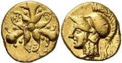 Greek KYRENAICA. Kyrene. Circa 331-322 BC. Triobol or Hemidrachm (Gold, 11 mm, 2.03 g), Jason, magistrate. Three silphium plants arranged around central dot. Rev. [KY]P Head of Athena to left, wearing