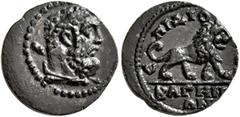 Roman Provincial LYDIA. Bagis. Pseudo-autonomous issue. 1/3 Assarion (Orichalcum, 15 mm, 2.13 g, 6 h), Diogenes, archon, time of Septimius Severus, 193-211. Head of Herakles to right, lion skin draped