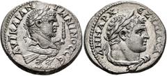 Roman Provincial PHOENICIA. Tyre. Caracalla, 198-217. Tetradrachm (Billon, 27 mm, 12.00 g, 6 h), 213-217. AYT KAI ANTⲰNINOC CЄ Laureate head of Caracalla to right set on eagle standing right; to right