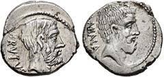 Roman Republican & Imperatorial M. Junius Brutus, 54 BC. Denarius (Silver, 19 mm, 4.11 g, 7 h), Rome. BRVTVS Bearded head of L. Junius Brutus to right. Rev. AHALA Bearded head of C. Servilius Ahala to