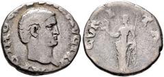 Roman Imperial Otho, 69. Denarius (Silver, 17 mm, 3.20 g, 6 h), Rome. IMP OTHO CAESAR AVG TR P Bare head of Otho to right. Rev. SECVRITAS P R Securitas standing front, head to left, holding wreath in 