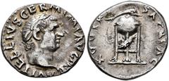 Roman Imperial Vitellius, 69. Denarius (Silver, 18 mm, 3.21 g, 8 h), Rome, late April-20 December 69. A VITELLIVS GERM IMP AVG TR P Laureate head of Vitellius to right. Rev. XV VIR SACR FAC Tripod wit