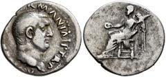 Roman Imperial Vitellius, 69. Denarius (Silver, 19 mm, 3.11 g, 7 h), Rome, 19 April-20 December 69. A [VITELLIVS GE]RMAN IMP TR P Laureate head of Vitellius to right. Rev. Victory seated left, holding