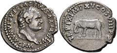 Roman Imperial Titus, 79-81. Denarius (Silver, 19 mm, 3.22 g, 6 h), Rome, January-June 80. IMP TITVS CAES VESPASIAN AVG P M Laureate head of Titus to right. Rev. TR P IX IMP XV COS VIII P P Elephant s