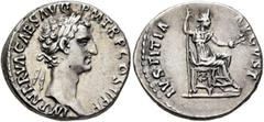 Roman Imperial Nerva, 96-98. Denarius (Silver, 18 mm, 3.53 g, 6 h), Rome, 96. IMP NERVA CAES AVG P M TR P COS II P P Laureate head of Nerva to right. Rev. IVSTITIA AVGVST Justitia seated right, holdin