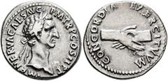 Roman Imperial Nerva, 96-98. Denarius (Silver, 19 mm, 3.18 g, 5 h), Rome, 96. IMP NERVA CAES AVG P M TR P COS II P P Laureate head of Nerva to right. Rev. CONCORDIA EXERCITVVM Clasped right hands. BMC