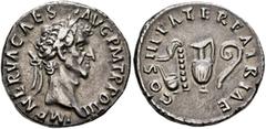 Roman Imperial Nerva, 96-98. Denarius (Silver, 17 mm, 3.02 g, 7 h), Rome, 97. IMP NERVA CAES AVG P M TR POT II Laureate head of Nerva to right. Rev. COS III PATER PATRIAE Priestly emblems: simpulum, a