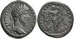 Roman Imperial Lucius Verus, 161-169. As (Bronze, 28 mm, 15.34 g, 1 h), Rome, December 165-Summer 166. L VERVS AVG ARM PARTH MAX Laureate head of Lucius Verus to right. Rev. TR POT VI•IMP IIII COS II 