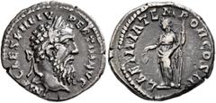 Roman Imperial Pertinax, 193. Denarius (Silver, 18 mm, 3.55 g, 12 h), Rome. IMP CAES P HELV PERTIN AVG Laureate head of Pertinax to right. Rev. LAETITIA TEMPOR COS II Laetitia standing front, head to 