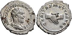 Roman Imperial Pupienus, 238. Antoninianus (Silver, 25 mm, 4.77 g, 6 h), Rome, circa April-June 238. IMP CAES PVPIEN MAXIMVS AVG Radiate, draped and cuirassed bust of Pupienus to right, seen from behi