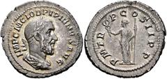 Roman Imperial Pupienus, 238. Denarius (Silver, 22 mm, 3.75 g, 12 h), Rome, circa April-June 238. IMP C M CLOD PVPIENVS AVG Laureate, draped and cuirassed bust of Pupienus to right, seen from behind. 