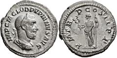 Roman Imperial Pupienus, 238. Denarius (Silver, 20 mm, 3.22 g, 6 h), Rome, circa April-June 238. IMP C M CLOD PVPIENVS AVG Laureate, draped and cuirassed bust of Pupienus to right, seen from behind. R