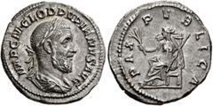 Roman Imperial Pupienus, 238. Denarius (Silver, 19 mm, 3.22 g, 7 h), Rome, circa April-June 238. IMP C M CLOD PVPIENVS AVG Laureate, draped and cuirassed bust of Pupienus to right, seen from behind. R