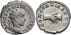 Roman Imperial Herennius Etruscus, as Caesar, 249-251. Antoninianus (Silver, 21 mm, 3.70 g, 6 h), Rome, 250-251. Q HER ETR MES DECIVS NOB C Radiate and draped bust of Herennius Etruscus to right, seen