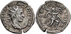 Roman Imperial Hostilian, 251. Antoninianus (Silver, 22 mm, 3.44 g, 12 h), Rome, June-July 251. [IMP CAE?] C VAL HOS MES QVINT[VS AV]G Radiate, draped and cuirassed bust of Hostilian to right, seen fr