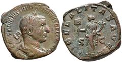 Roman Imperial Trebonianus Gallus, 251-253. Sestertius (Orichalcum, 30 mm, 24.07 g, 1 h), Rome. IMP CAES C VIBIVS TREBONIANVS GALLVS AVG Laureate, draped and cuirassed bust of Gallus to right, seen fr